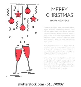 Christmas and New Year banner with outline holiday related elements and symbols isolated on white background. Vector illustration in line art style.