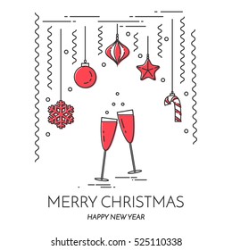 Christmas and New Year banner with outline holiday related elements and symbols isolated on white background. Vector illustration in line art style.