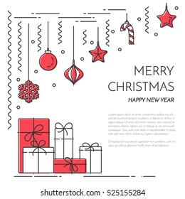 Christmas And New Year Banner With Outline Holiday Related Elements And Symbols Isolated On White Background. Vector Illustration In Line Art Style.