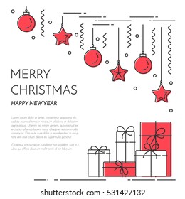 Christmas And New Year Banner With Outline Holiday Related Elements And Symbols Isolated On White Background. Vector Illustration In Line Art Style.