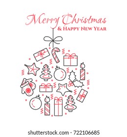 Christmas and New Year banner with outline holiday related elements collected in form of christmas decoration ball and greeting sign. Isolated vector illustration in line art style.
