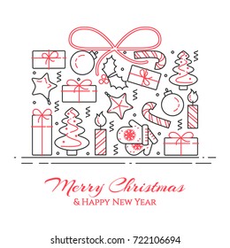 Christmas and New Year banner with outline holiday related elements collected in form of present box and greeting sign. Isolated vector illustration in line art style.