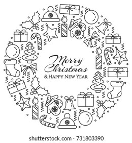 Christmas and New Year banner with outline holiday related elements collected in form of circle with copy space and greeting sign. Isolated vector illustration in line art style.