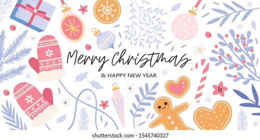 Christmas and new year banner, party invitation, landing page or greeting card with floral elements, home-made cookies and gifts. Vector illustration of cute christmas decorations in trendy colors.