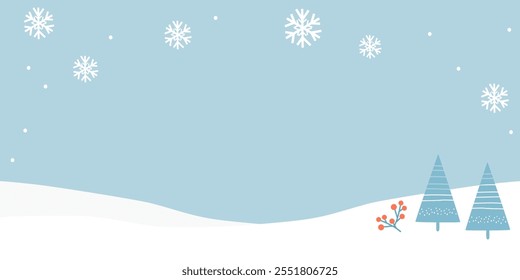 Christmas or New year banner with pine tree, red berry branch and snowflakes on blue sky background vector.