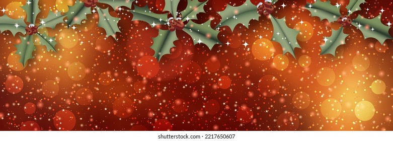 Christmas and New Year banner, poster, invitation card, header vector template. Red blurred background with snow and mistletoe