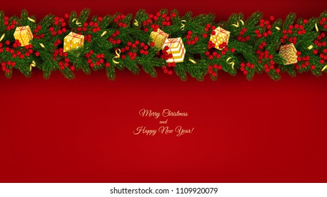 Christmas and New Year banner of realistic branches of Christmas tree, holly berries and gifts Element for festive design isolated on transparent background Vector