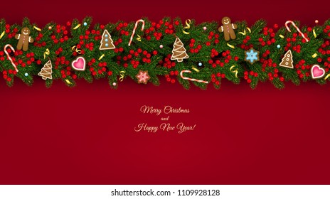 Christmas and New Year banner of realistic branches of Christmas tree, holly berries, christmas cookies Festive design isolated on transparent background Vector