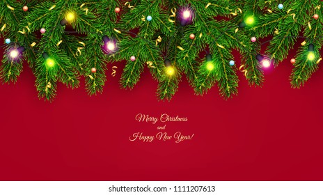 Christmas and New Year banner of realistic branches of Christmas tree, garland with glowing light bulbs, holly berries, serpentine Festive background Vector illustration