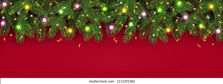 Christmas and New Year banner of realistic branches of Christmas tree, garland with glowing light bulbs, holly berries, serpentine Festive background Vector illustration