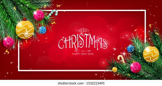 Christmas and New Year banner with  realistic decorations on red background. vector illustration.
