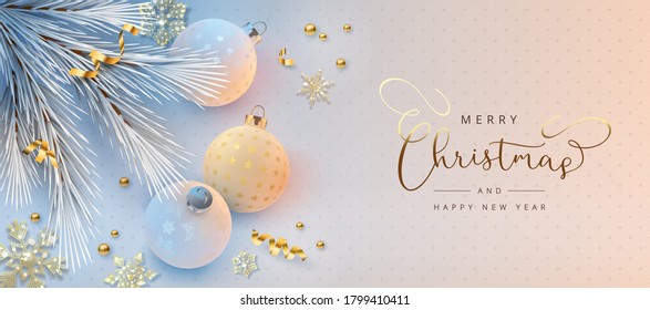 Christmas and New Year banner. Realistic balls and the branches of the Christmas tree