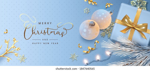 Christmas and New Year banner. Realistic balls, a gift and the branches of the Christmas tree. Vector 3d illustration