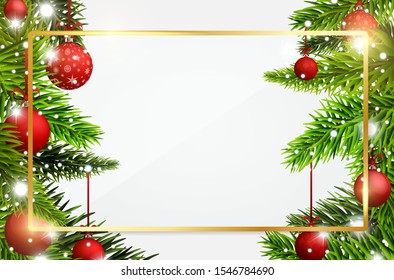 Christmas and New Year banner with red Christmas balls and pine tree. Transparent gold glass banner with reflection. Realistic rectangle glass frame. Greeting card design mockup. Vector illustration