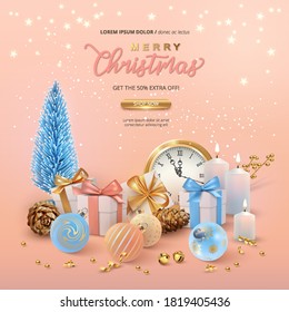 Christmas and New Year banner of sale. Realistic composition of Christmas balls, clock, gifts and cones. 3D vector illustration