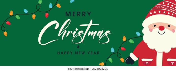 Christmas and New Year banner with Santa Claus and Christmas lights. Vector.