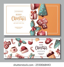 Christmas and New Year banner set with gingerbread cookies. Vector illustration for greeting cards, banners, posters, flyers.