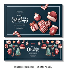 Christmas and New Year banner set with gingerbread cookies. Vector illustration for greeting cards, banners, posters, flyers.