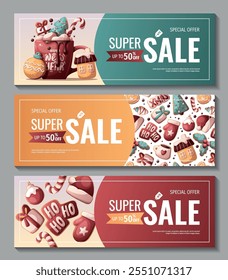 Christmas and New Year banner set with gingerbread cookies and hot chocolate. Vector illustration for greeting cards, banners, posters, flyers.