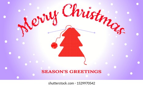 Christmas and New Year banner with snow flakes and text Merry Christmas in snow. Festive red tree tied on knitting needles. Vector illustration for festive background, banner, postcard.