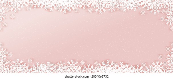 Christmas and New Year banner with snowflakes paper cut frame on pink background.Vector paper art backdrop with copy soace for text, message, sale, promotion or holiday greeting card