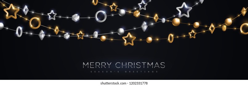 Christmas and New Year banner with sparkling gold and silver geometric baubles in garland on black background. Vector Illustration.