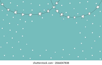 Christmas New Year banner with star garland strings snowflakes on blue background. Template with copy space