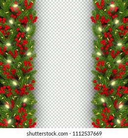 Christmas and New Year banner template Realistic branches of Christmas tree, garland with glowing lightbulbs, holly berries, serpentine Festive background Vector illustration