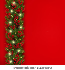 Christmas and New Year banner template Realistic branches of Christmas tree, electric garland with glowing lightbulbs, holly berries, serpentine Festive red background Vector illustration