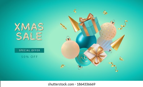Christmas and New Year banner template. Realistic 3d render gifts box, Christmas balls and Golden cones are flying. Background of Xmas sale design