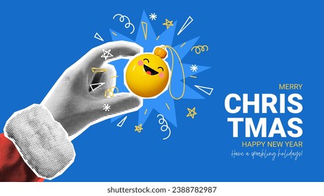 Christmas and New Year banner template. Hand of Santa Claus shows yellow Christmas ball. Christmas or New Year collage with halftone effect for decoration. Vector illustration with cut out symbols.