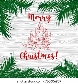 Christmas or New Year banner. Top view of a Christmas composition. Festive background with wooden texture. Vector illustrations of Christmas candles and mistletoe.
