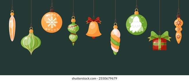 Christmas or New Year banner with various decorative Christmas tree toys and balls. Nice card with hanging decorations for congratulations on traditional winter holidays. Cartoon vector illustration.