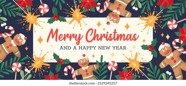 Christmas and New Year banner. Vector design template on a dark blue background with gingerbread, sweets, festive symbols and design elements. Hand-drawn flat cartoon style.