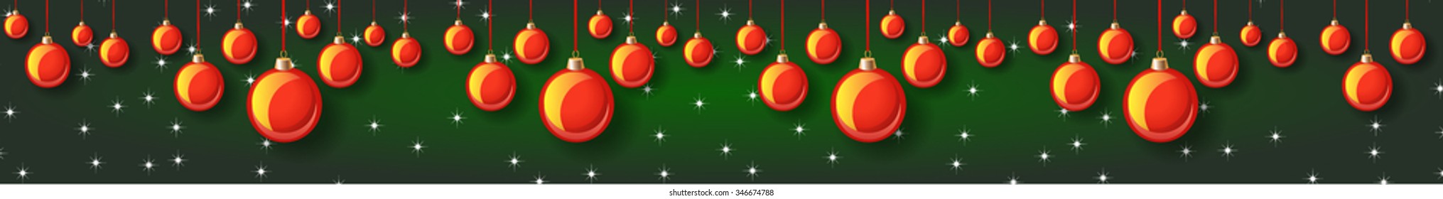 Christmas and New year banner vector illustration with christmas balls and christmas snowflakes. Standard web design size. Green background.