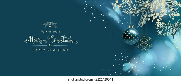 Christmas and New Year banner. Watercolor holiday banner. Hanging Christmas ball on the background of painted spruce branches and winter flowers