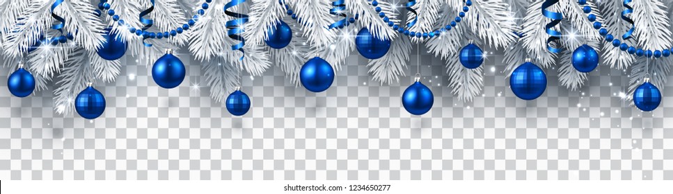 Christmas and New Year banner with white fir branches and blue Christmas balls on transparent backdrop. Festive design. Vector background.