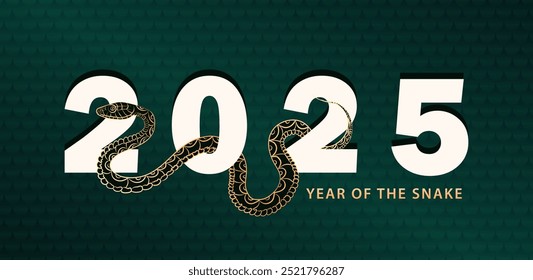 Christmas, New Year banner with white 2025 typography with a detailed golden snake coiling through the numbers against green background with reptile scaled skin pattern and text "Year of the Snake". 