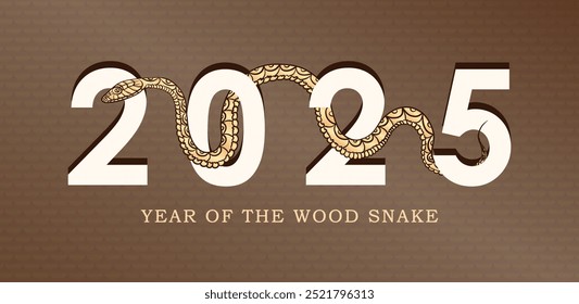 Christmas, New Year banner with white 2025 typography with a detailed golden snake coiling through the numbers against beige background with reptile scaled skin pattern and text "Year of the Snake". 