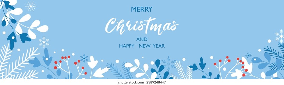 Christmas and New Year banner with winter holidays in blue colors. Vector.