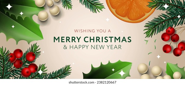 Christmas and New Year banner. Xmas design with Xmas decor pine tree branches, leaves, red berries, and oranges, vector illustration