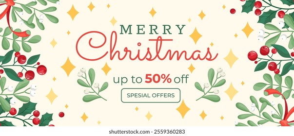 Christmas and New Year banner with xmas decoration. Vector design template with botanic elements. Hand-drawn flat cartoon style.