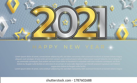 Christmas and New Year banners with 3d gold and silver trinkets. 2020 numbers with gray background and text. Vector illustration. Winter vacation