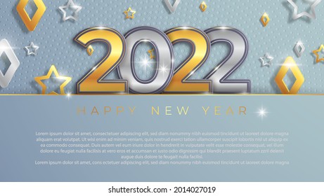 Christmas and New Year banners with 3d gold and silver trinkets. 2022 numbers with gray background. Vector illustration. Winter vacation