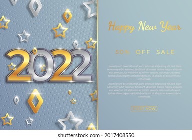 Christmas and New Year banners with 3d gold and silver trinkets. 2022 numbers with gray background. Vector illustration. Winter vacation