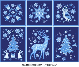 Christmas and New Year banners, cards. Set of Xmas design template in colors of blue.