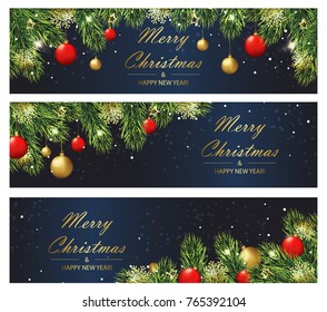 Christmas and New year banners with fir branches and balls. Vector illustration eps 10
