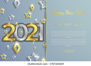 Christmas and New Year banners with hanging gold and silver 3d trinkets and 2020 figures against a gray background. Vector illustration. Geometric holidays winter holidays