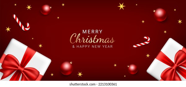 Christmas and new year banners. Red christmas background design with tree branches, gift boxes, christmas ball decoration. Christmas greeting card, poster or web. Vector illustration