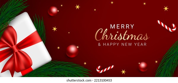 Christmas and new year banners. Red christmas background design with tree branches, gift boxes, christmas ball decoration. Christmas greeting card, poster or web. Vector illustration
